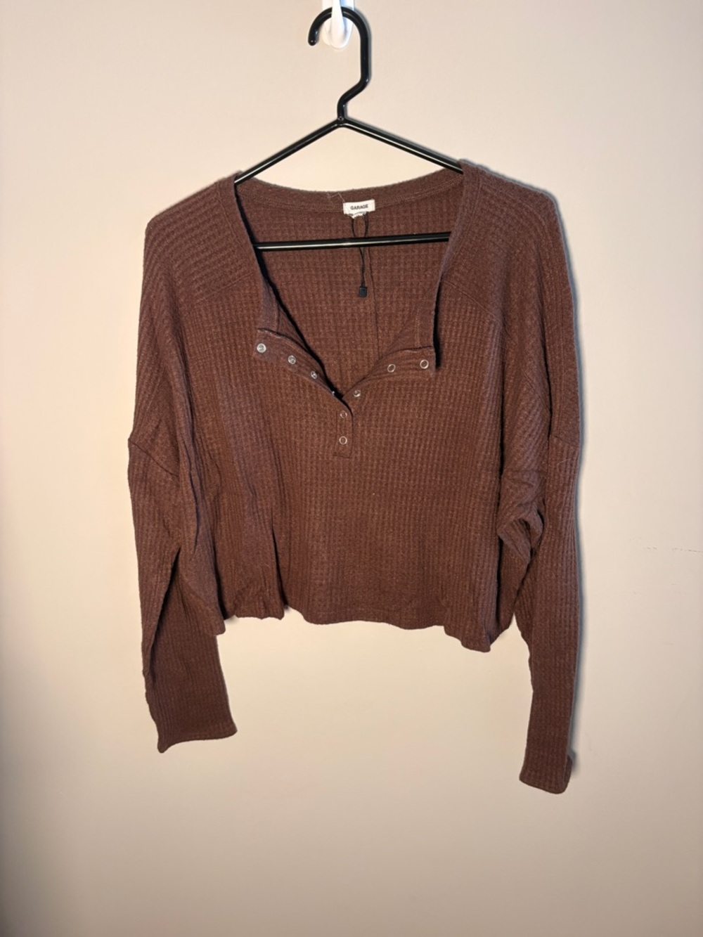 Garage Brown Waffle Henley Snap-Front Long Sleeve Top